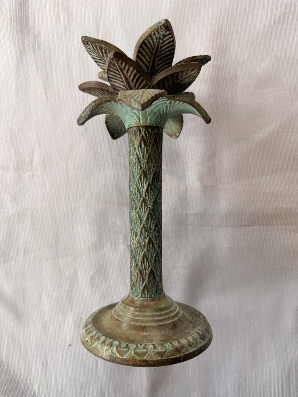 Vintage Verdigris Tropical Palm Tree Candle Holder Heavy